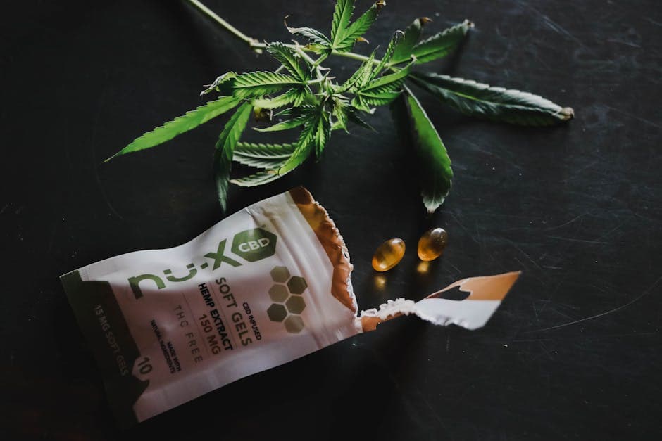 Close-up of CBD softgels with hemp leaves on a dark background.